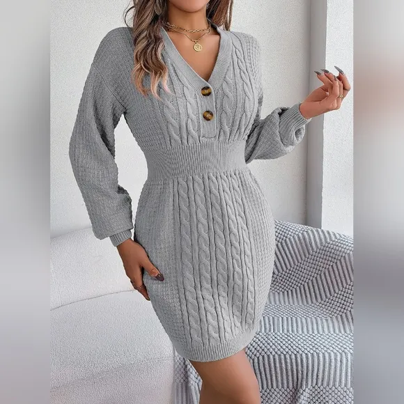 Cable Waffle Knit Blend Sweater Dress Buttoned V-neck Long Sleeve Mini Gray