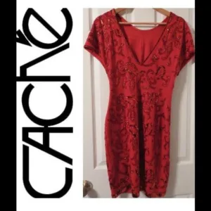 👗🔴CACHE Dress Sheath Bodycon Red Cap Sleeve Sz M Carmen Marc Valvo Beading