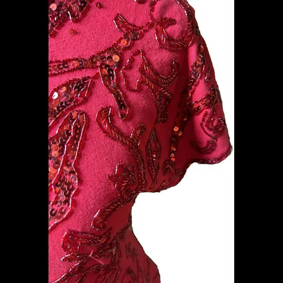 👗🔴CACHE Dress Sheath Bodycon Red Cap Sleeve Sz M Carmen Marc Valvo Beading