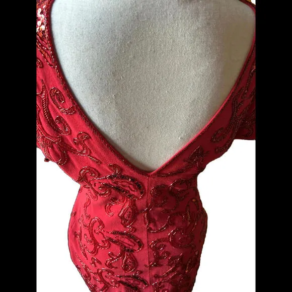 👗🔴CACHE Dress Sheath Bodycon Red Cap Sleeve Sz M Carmen Marc Valvo Beading