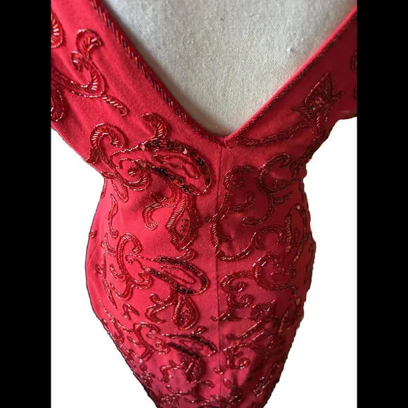 👗🔴CACHE Dress Sheath Bodycon Red Cap Sleeve Sz M Carmen Marc Valvo Beading