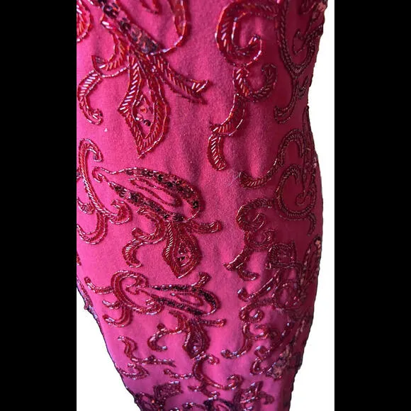 👗🔴CACHE Dress Sheath Bodycon Red Cap Sleeve Sz M Carmen Marc Valvo Beading