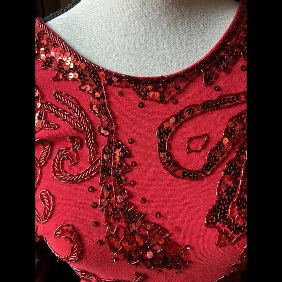 👗🔴CACHE Dress Sheath Bodycon Red Cap Sleeve Sz M Carmen Marc Valvo Beading