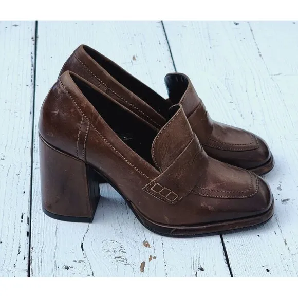 Cafenoir Women's Brown Block High Heels Leather Loafers Sz US 8.5 EU 39 PLZ READ