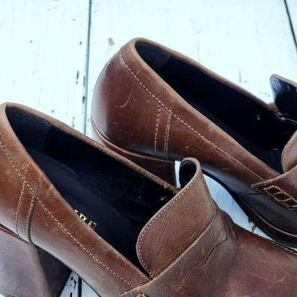 Cafenoir Women's Brown Block High Heels Leather Loafers Sz US 8.5 EU 39 PLZ READ