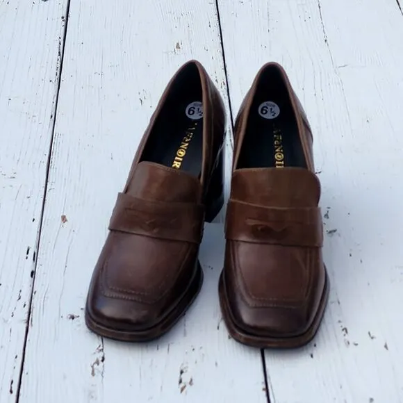 Cafenoir Women's Brown Block High Heels Leather Loafers Sz US 8.5 EU 39 PLZ READ