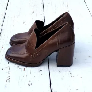 Cafenoir Women's Brown Block High Heels Leather Loafers Sz US 8.5 EU 39 PLZ READ