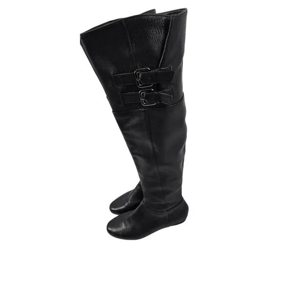 Calvin Klein Michelle One-The-Knee Flat Black Leather Riding Boots Womens 7.5