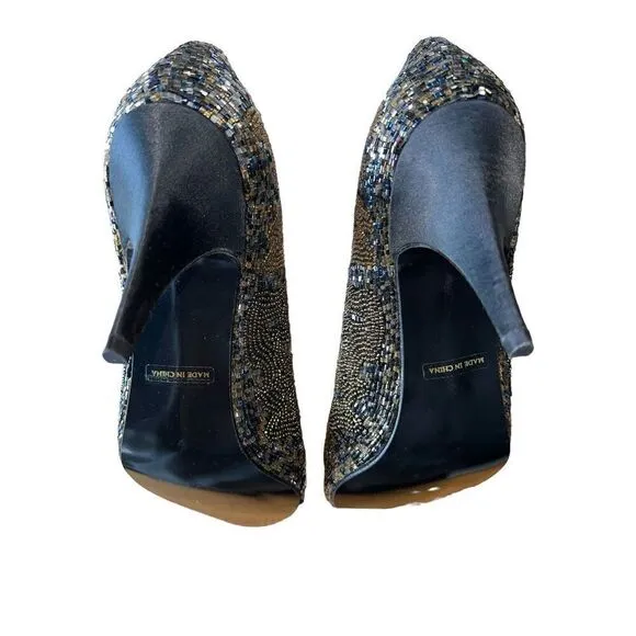 Caparros Starlight Metalic Sparkly Black Pointed Toe Pumps Womens Size 10