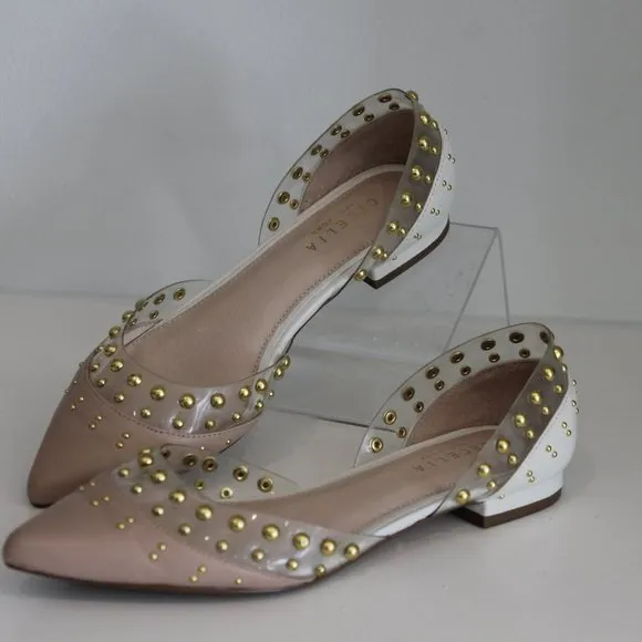 Cecelia New York Min White Ballet Flats Clear Chic Pointy Studded Shoes 7.5