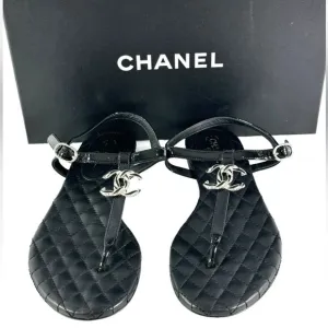Chanel Black Leather CC Logo Thong Sandals