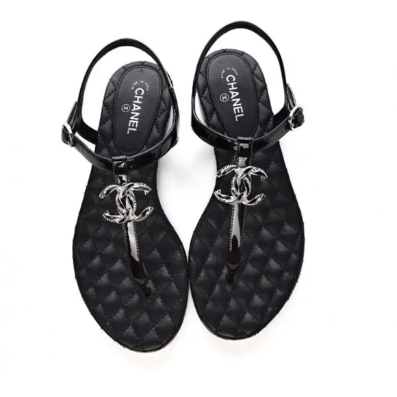 Chanel Black Leather CC Logo Thong Sandals
