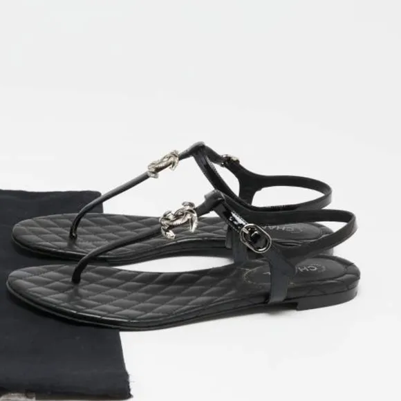Chanel Black Leather CC Logo Thong Sandals