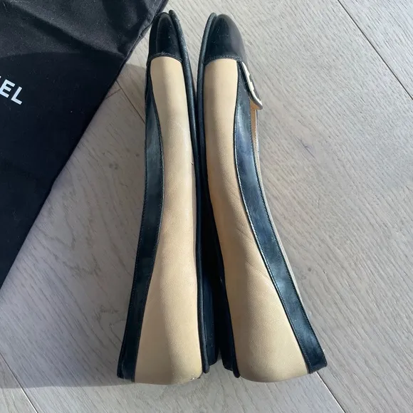 Chanel Cap Toe Ballerina Flats, IT 37.5, US 6.5, Beige/Black Leather