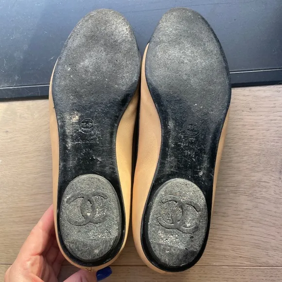 Chanel Cap Toe Ballerina Flats, IT 37.5, US 6.5, Beige/Black Leather