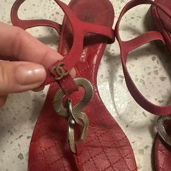 CHANEL Red Sandals with Metallic Embellishment