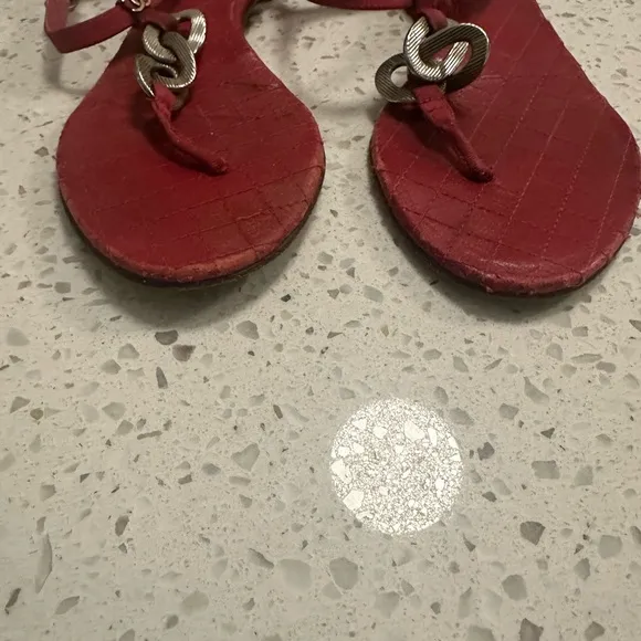 CHANEL Red Sandals with Metallic Embellishment