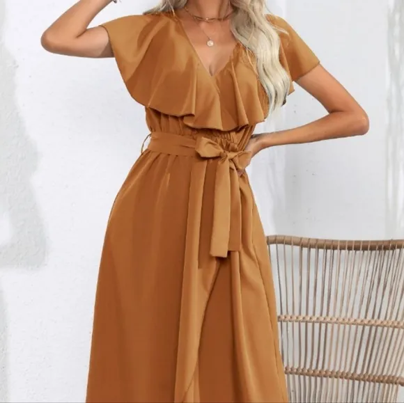 Chic Cascade Tied Midi Dress - Ochre