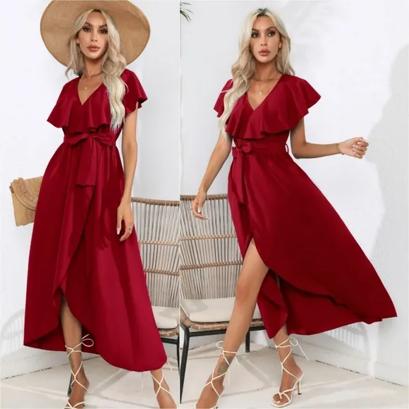 Chic Cascade Tied Midi Dress - Ochre