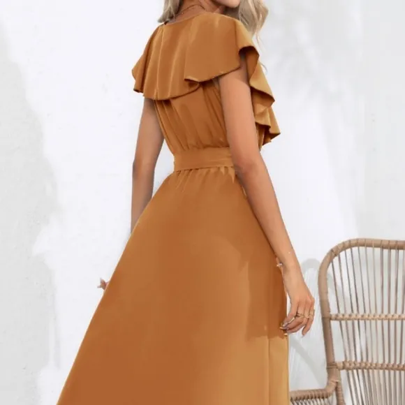 Chic Cascade Tied Midi Dress - Ochre