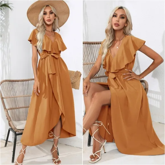 Chic Cascade Tied Midi Dress - Ochre