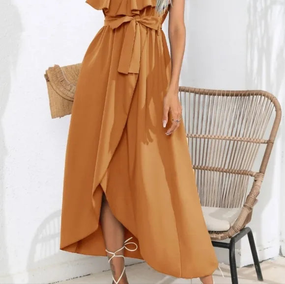 Chic Cascade Tied Midi Dress - Ochre