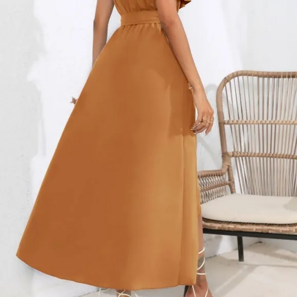 Chic Cascade Tied Midi Dress - Ochre