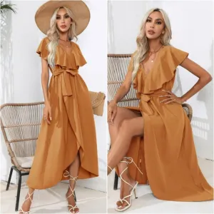 Chic Cascade Tied Midi Dress - Ochre