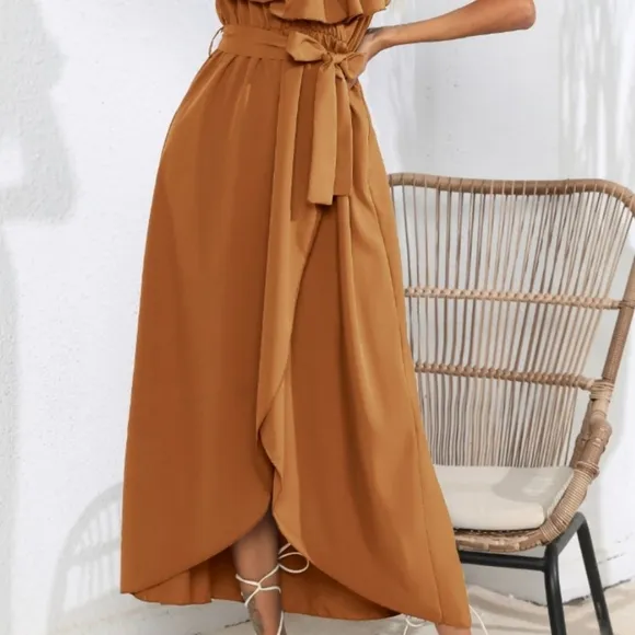Chic Cascade Tied Midi Dress - Ochre