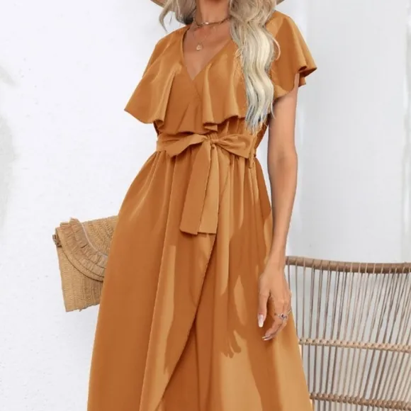 Chic Cascade Tied Midi Dress - Ochre