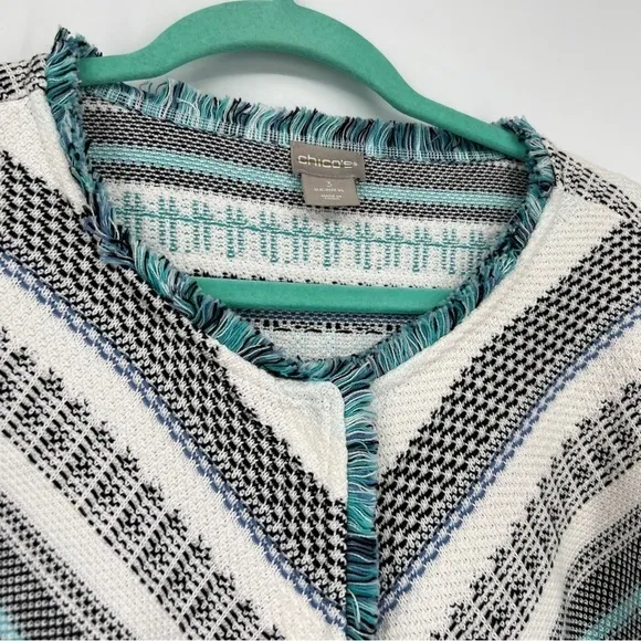 Chico's Structured Multi Stripe Patterned Cardigan Sweater 3/4 Sleeve Roundneck
