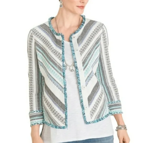 Chico's Structured Multi Stripe Patterned Cardigan Sweater 3/4 Sleeve Roundneck