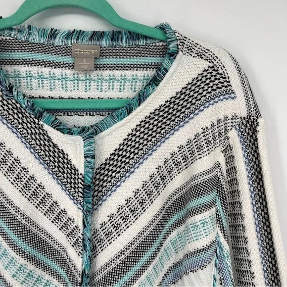 Chico's Structured Multi Stripe Patterned Cardigan Sweater 3/4 Sleeve Roundneck