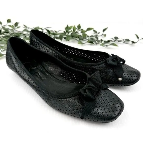 Chloe Black Perforated Ballet Flats bows derail 8