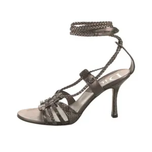 Christian Dior Authentic Leather Silver Gray Metallic High Heel Sandals 6
