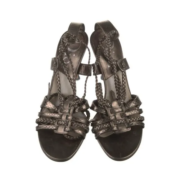 Christian Dior Authentic Leather Silver Gray Metallic High Heel Sandals 6