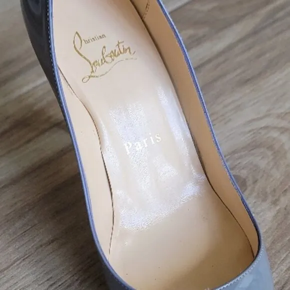 Christian Louboutin Lady Claude 100 Grey Patent Peeps Pumps Eur. 36