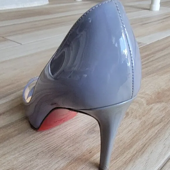 Christian Louboutin Lady Claude 100 Grey Patent Peeps Pumps Eur. 36