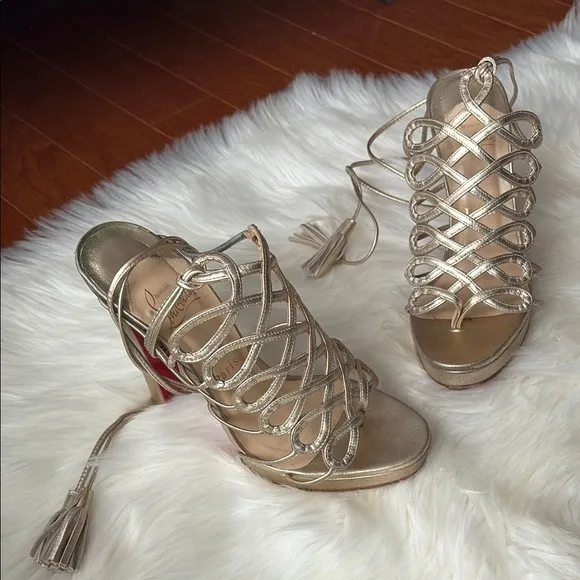Christian Louboutin Metallic Gold Laceup High Heel Sandals EU 36.5/US 6