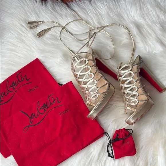 Christian Louboutin Metallic Gold Laceup High Heel Sandals EU 36.5/US 6