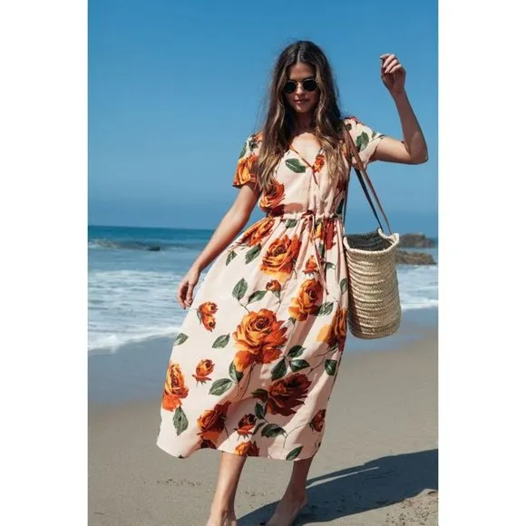 CHRISTY DAWN Peach Floral Deadstock The Dawn Midi Dress ONE SIZE Women's NEW