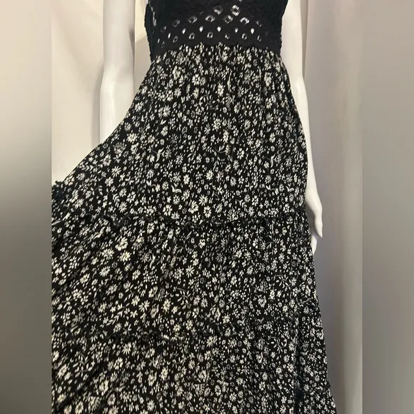 Chrysanthemum Sz S Black   White Floral Lace Tiered Maxi Dress Whimsigoth Boho