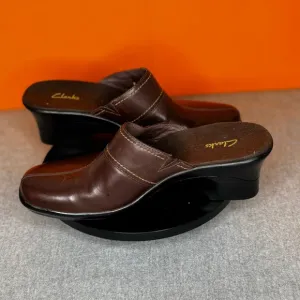Clarks Brown Leather Button Clog Wedge Heel Size 7 M