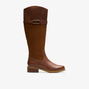 Clarks Maye Carly knee High Boots Leather Suede Block Heel Tan Brown Size 7M