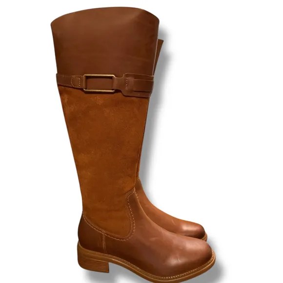 Clarks Maye Carly knee High Boots Leather Suede Block Heel Tan Brown Size 7M