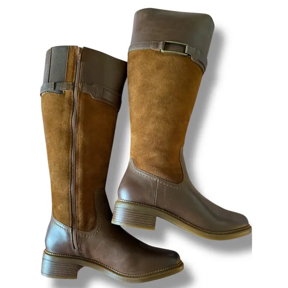 Clarks Maye Carly knee High Boots Leather Suede Block Heel Tan Brown Size 7M