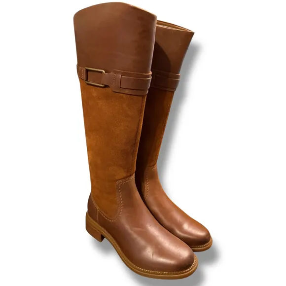 Clarks Maye Carly knee High Boots Leather Suede Block Heel Tan Brown Size 7M