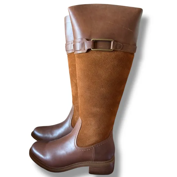 Clarks Maye Carly knee High Boots Leather Suede Block Heel Tan Brown Size 7M
