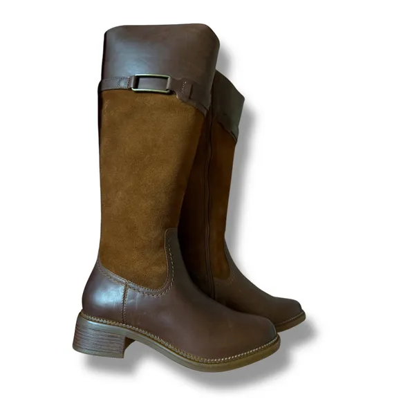 Clarks Maye Carly knee High Boots Leather Suede Block Heel Tan Brown Size 7M