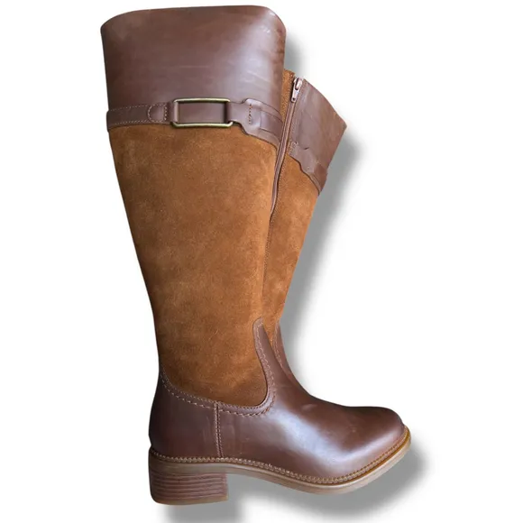 Clarks Maye Carly knee High Boots Leather Suede Block Heel Tan Brown Size 7M